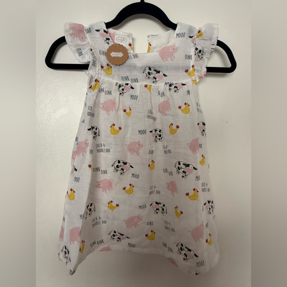 Mud Pie: Muslin Farm Animal Print Dress - White and Multicolor